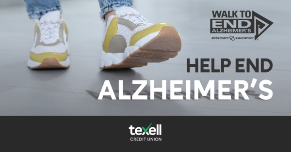 IMAGE: Close up of person's shoes walking with text Walk to End Alzheimer's Help End Alzheimer's and Texell logo
