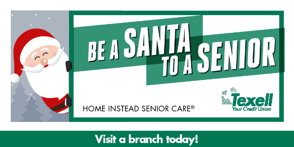IMAGE: Cartoon Santa holding sign that says Be a Santa to a Senior, Home Instead Senior Care, Visit a branch today!