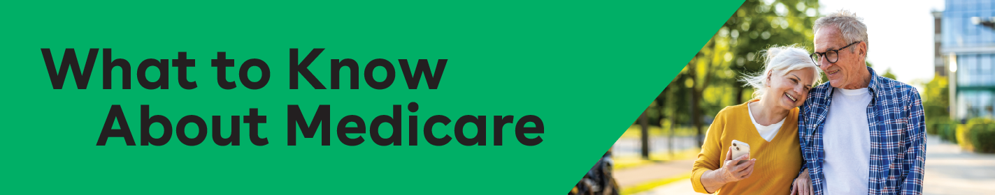 IMAGE: Couple walking together and smiling with text What to Know About Medicare