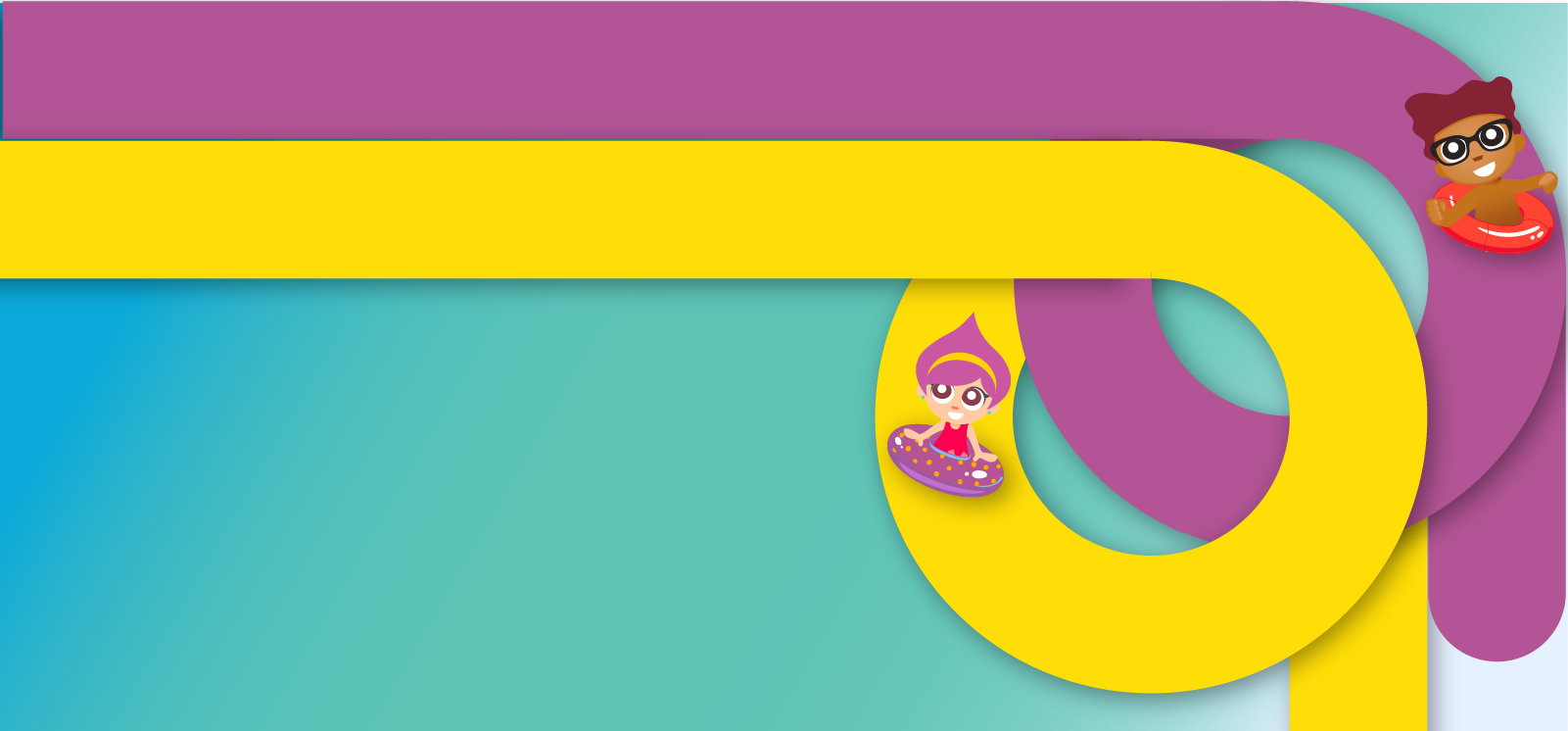 IMAGE: Dollar Squad characters on water slides with blue background