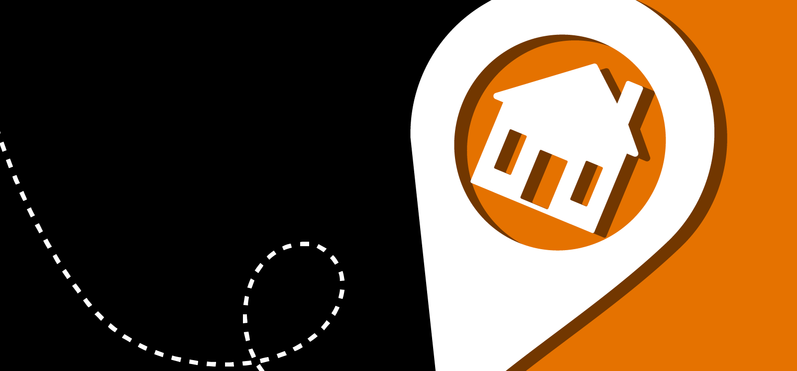 IMAGE: Black and orange background with icon of location pointer and house