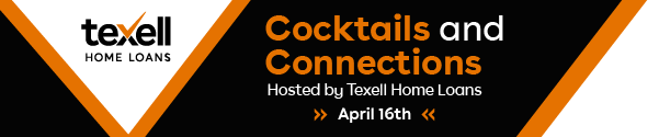 IMAGE: Black check background with text Cocktails and Connections Hosted by Texell Home Loans April 16